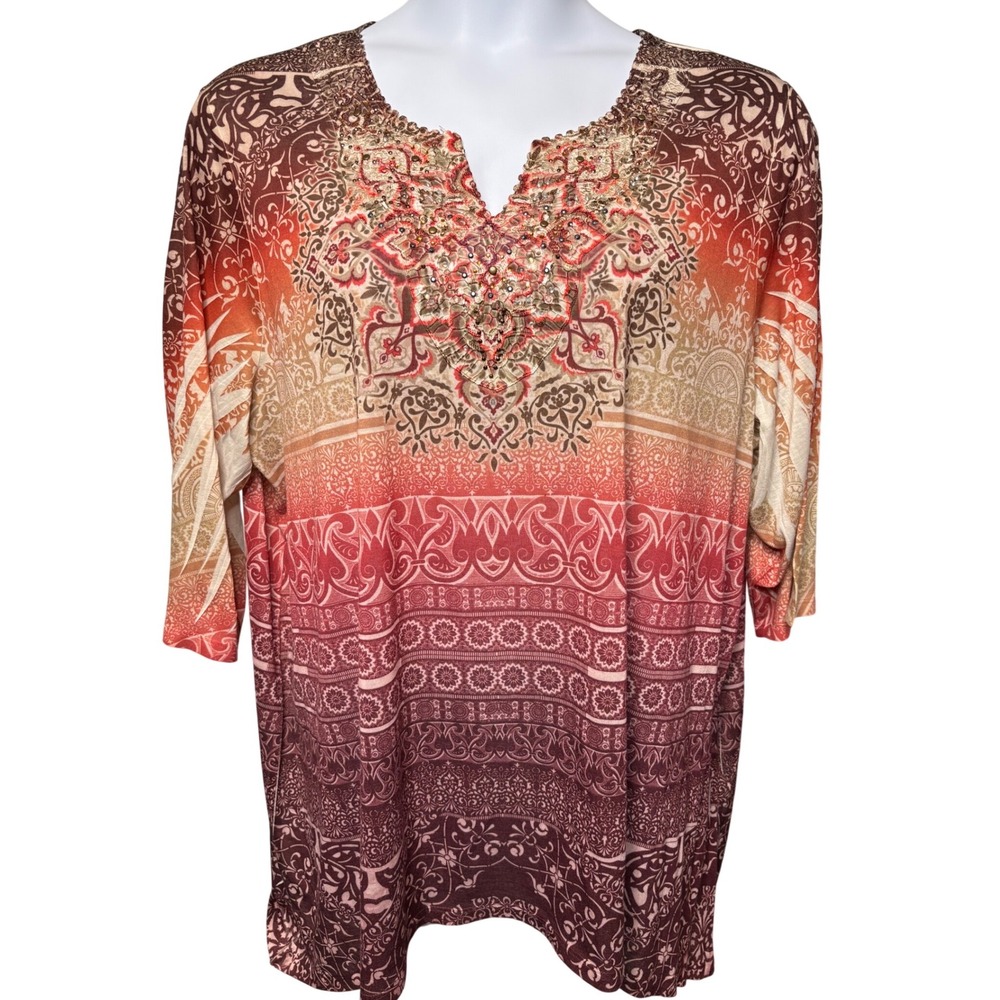 CATHERINES Orange Paisley Embellished V-Neck Tunic Top 2X‎ Boho-Chic Art-to-Wear